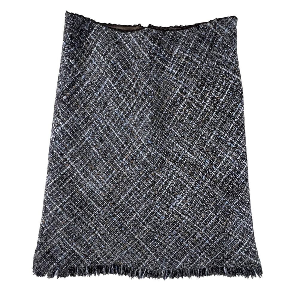 Kenneth Cole Mini Tweed Skirt 2 Brown Taupe Boucle Fringe Hem Wool Blend Lined